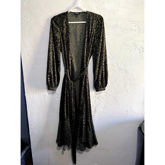 Express Leopard Print Satin Wrap Duster Kimono‎ Midi Dress womens small evening - Picture 2 of 10